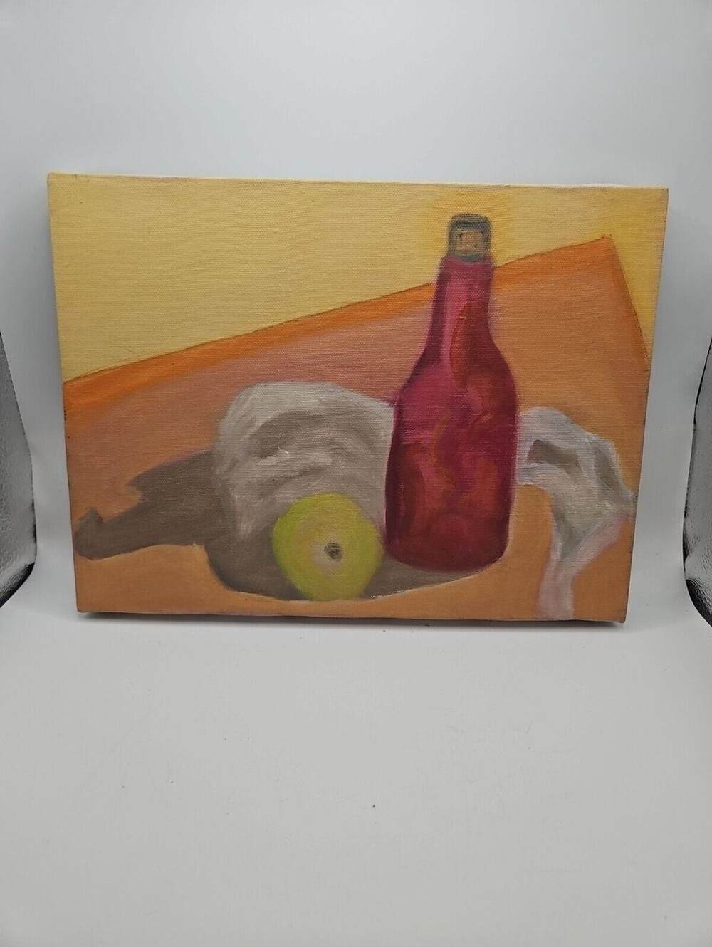 Grumbacher Still Life Oil Painting Canvas with Red Bottle and Apple
